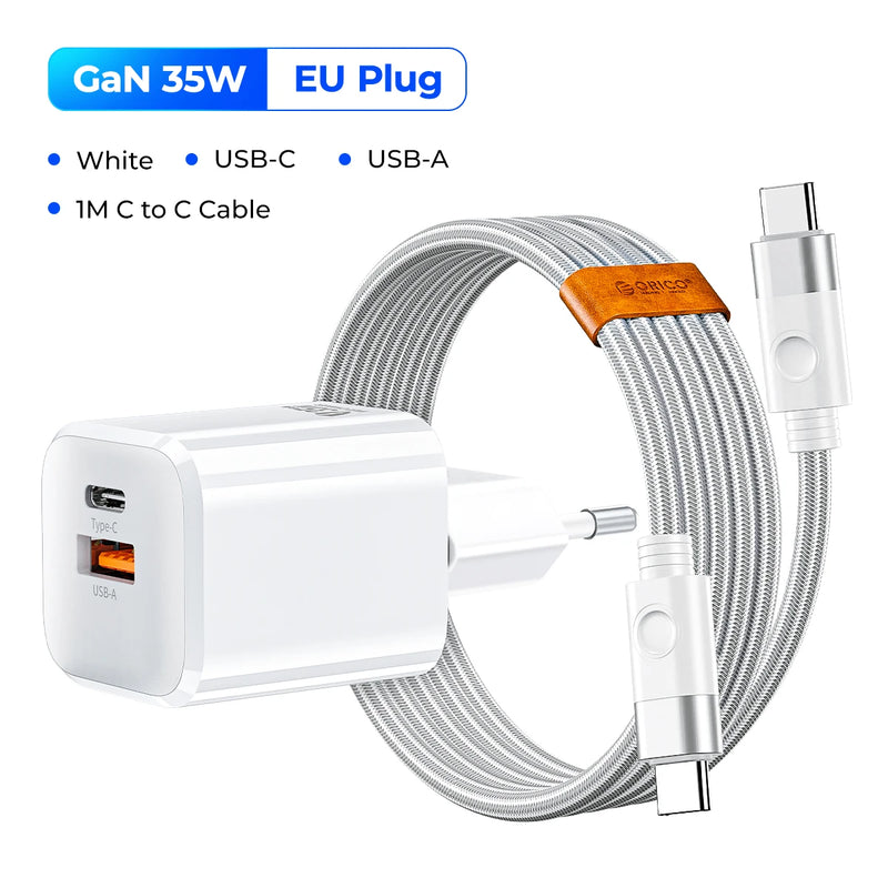 ORICO-GaN USB C Charger, EU Plug, PD Fast Charging, Dual Port, iPhone 13, 12, Max Pro, iPad, Xiaomi, Samsung, 35W