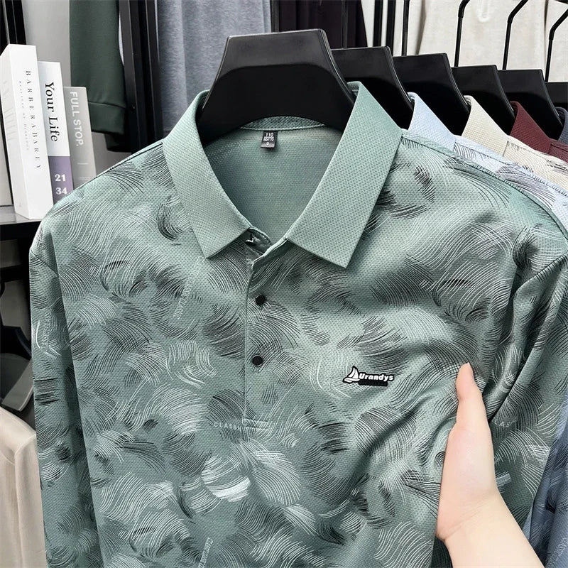 Men Breathable Mesh Polo Short Sleeve Lap Collar Abstract Feather Print Button Placket Relax Daily Wear Top