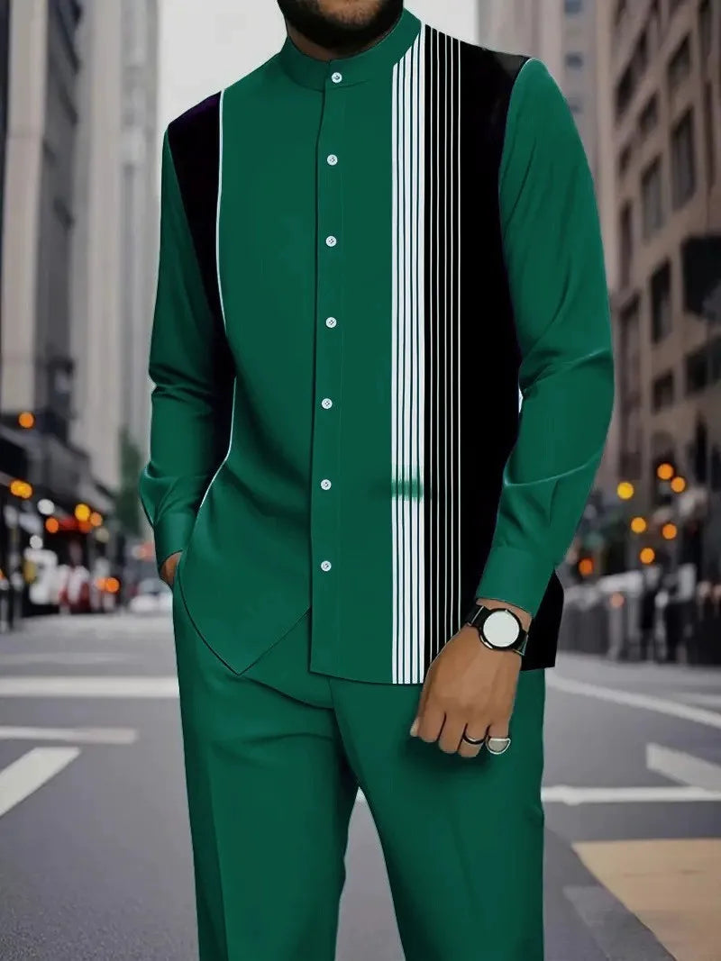 Men's Two-piece Set for Spring/Fall: An Ethnic-style Long-sleeve Shirt Paired with Pants, Red, Blue, Green, Gray, Black, Purple.