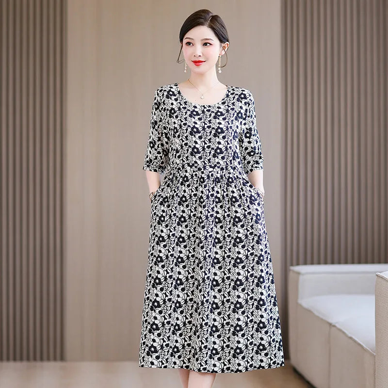 XL-5XL អាវយឺតកប្បាសសម្រាប់ម្តាយវ័យកណ្តាល រចនាបថថ្មី រ៉ូបសម្រាប់គេងរដូវក្តៅសម្រាប់ស្ត្រី រ៉ូបគេងរលុង