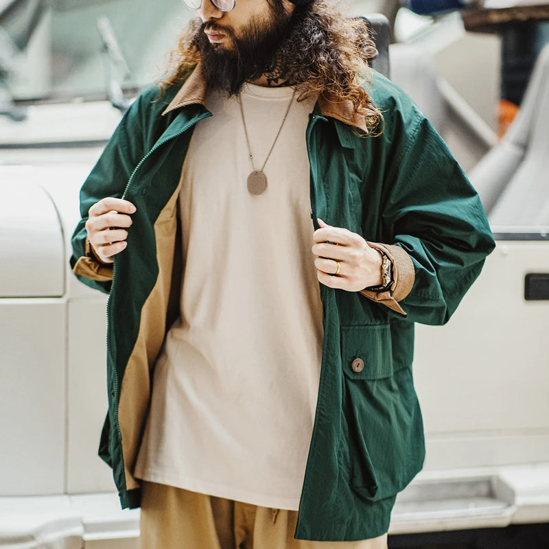 Maden Men's Retro Multi-pocket Safari Jacket Green Loose Corduroy Lapel Classic Coat Versatile Outerwear for Spring and Autumn