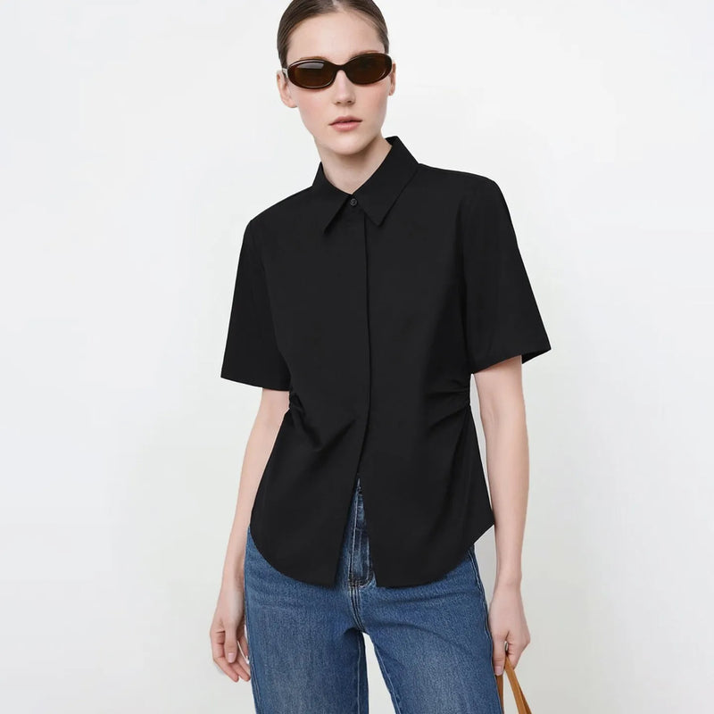 Amii Women's Shirt 2026 Summer New Lapel Collar Half Sleeve Cotton Blouse Fitted Waist Shirred Simple Solid Office Top 12622215