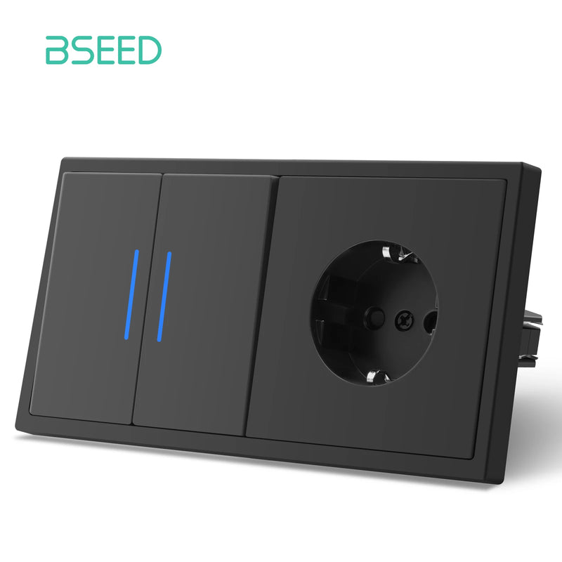 BSEED Button Switch 1/2Gang 1Way Wall Power Socket Wall Light Switch With LED Indicator Plastic Frame Switch Black Color