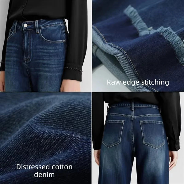 Amii Flare Jeans Cotton Denim Style Raw Hem Loose Women Casual Long Denim Trousers Denim Blue Autumn 2026 Woman Pants 12643088