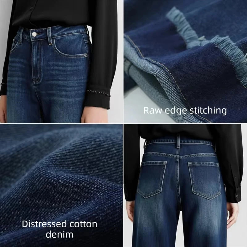 Amii Flare Jeans Cotton Denim Style Raw Hem Loose Women Casual Long Denim Trousers Denim Blue Autumn 2026 Woman Pants 12643088