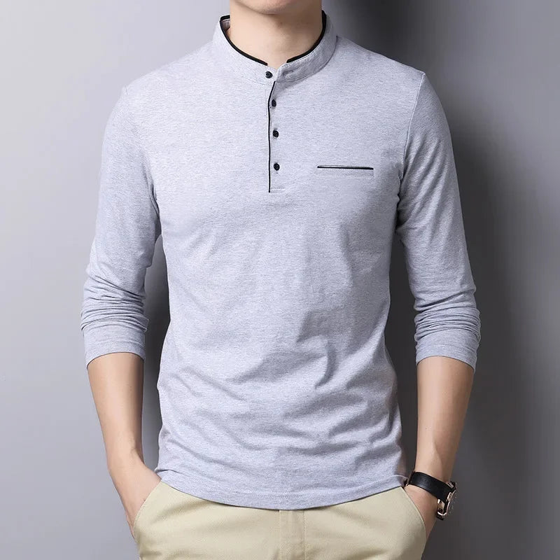 Men's Korean Style Business Casual Long Sleeve T-Shirt Three Button Stand-up Collar Comfortable Versatile Top for Men
