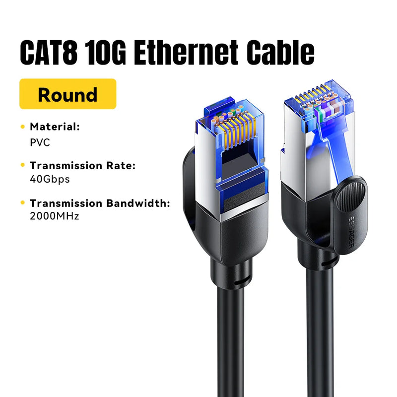 ខ្សែ Essager CAT8 Ethernet 40Gbps 2000MHz CAT 8 Networking Cord អ៊ីនធឺណិត LAN ធ្វើពីកប្បាស សម្រាប់កុំព្យូទ័រយួរដៃ PS 5 Router ខ្សែ RJ45
