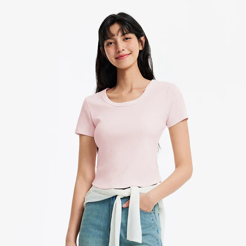 Semir Womens Tshirt 2026 Short Style Slim Fit Large Crew Neck Regular Shoulder Solid Basic Casual Soft Daily Wear