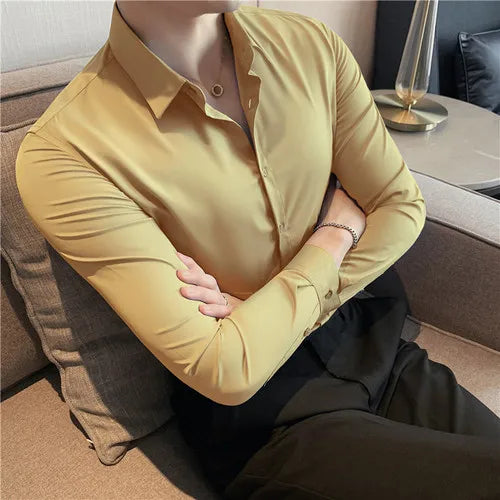 2026 New Men's Dark Green Slim-Fit Long Sleeve Shirt, Fashion Casual Business Top for Man in Black/White
