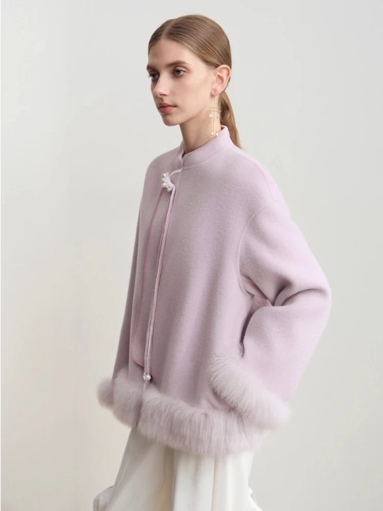 Amii Women's Coat 2026 Winter New Chinese Style Warm Woolen Jacket Woman Stand-up Collar Solid Wool Long Sleeves Coats 12444083