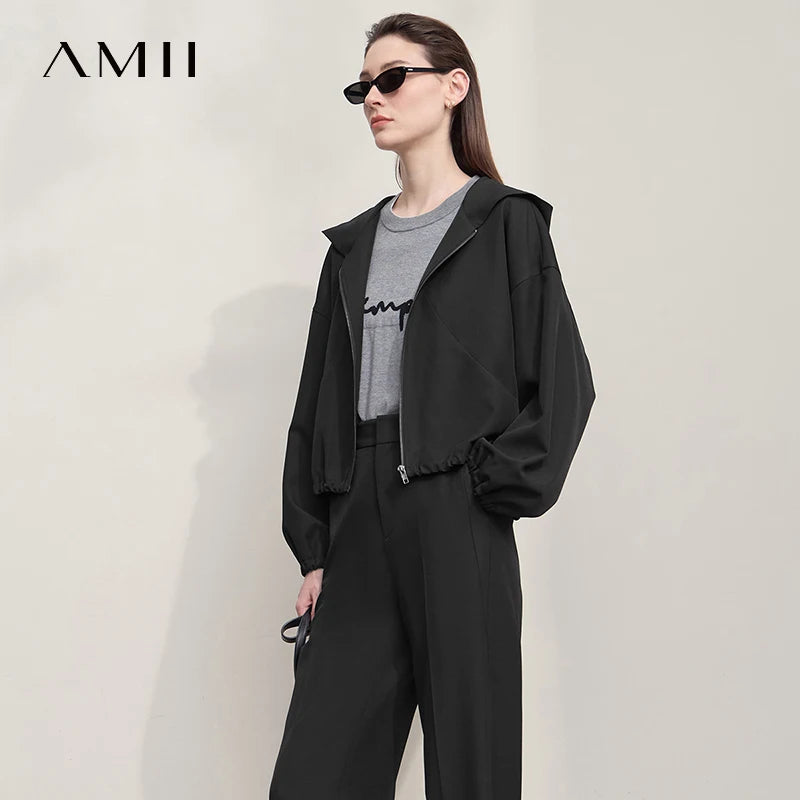 អាវធំ AMII សម្រាប់នារី សាមញ្ញ ងាយស្រួលប្រើ រដូវស្លឹកឈើជ្រុះ ឆ្នាំ២០២៥ អាវខ្លីថ្មី អាវក្រៅដៃវែង មានក្រណាត់ រលុង 12553002
