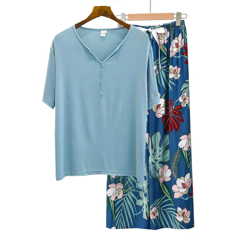 Spring Summer Threaded Modal Knitted V-neck Short Sleeve Sleepwear Women Loose Home Pajama Set Print Nightwear Pijama Suit
