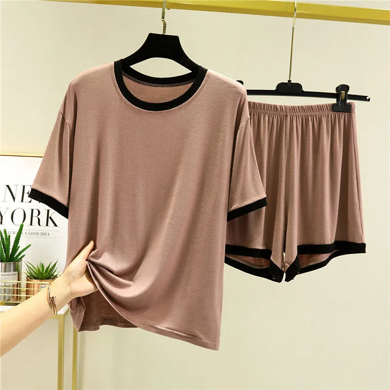 Fdfklak Summer Pajamas Women New Two-Piece Set Modal Round Neck Short-Sleeved Shorts Suit Casual Home Clothes Outside Wear
