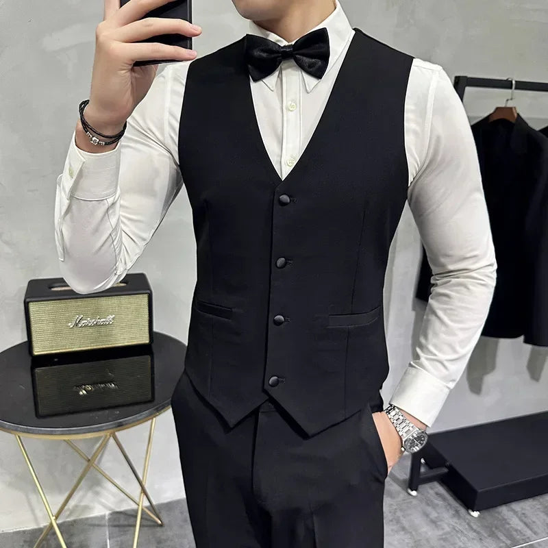 Men's Wedding Solid Color Suit Vest, Groom Groomsman Suit, Black Single-Breasted Slim Fit Waistcoat , Business Casual, M-7XL