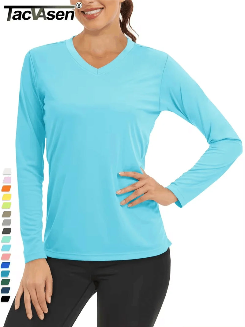 TACVASEN Summer Sun Protection Shirts UPF 50+ Womens Long Sleeve V Neck Shirts Lightweight Quick Dry Tee Shirts Outdoor Pullover
