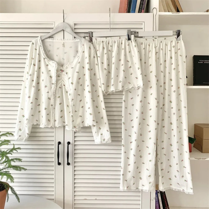 Women’s Loungewear Night Wear for Ladies Nightie Female Clothing Chest Pads Four-piece Pajamas New Spring Autumn Pyjama Pijama