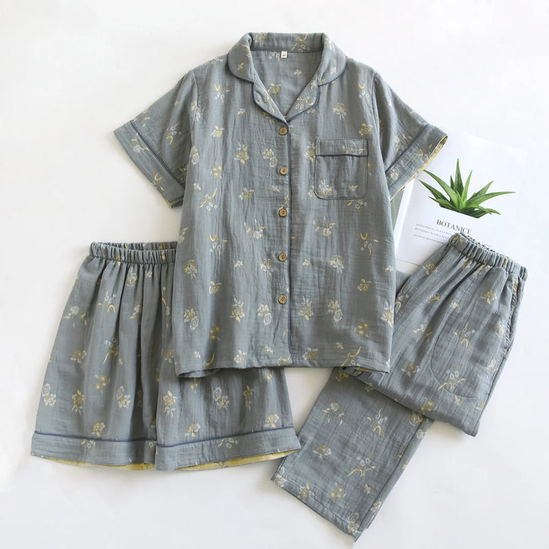 Retro Floral Summer Pajamas Lapel Short Sleeve Sleepwear Women's Cotton Home Wear New Three-Pieces Pyjama Set Woman Nightwear