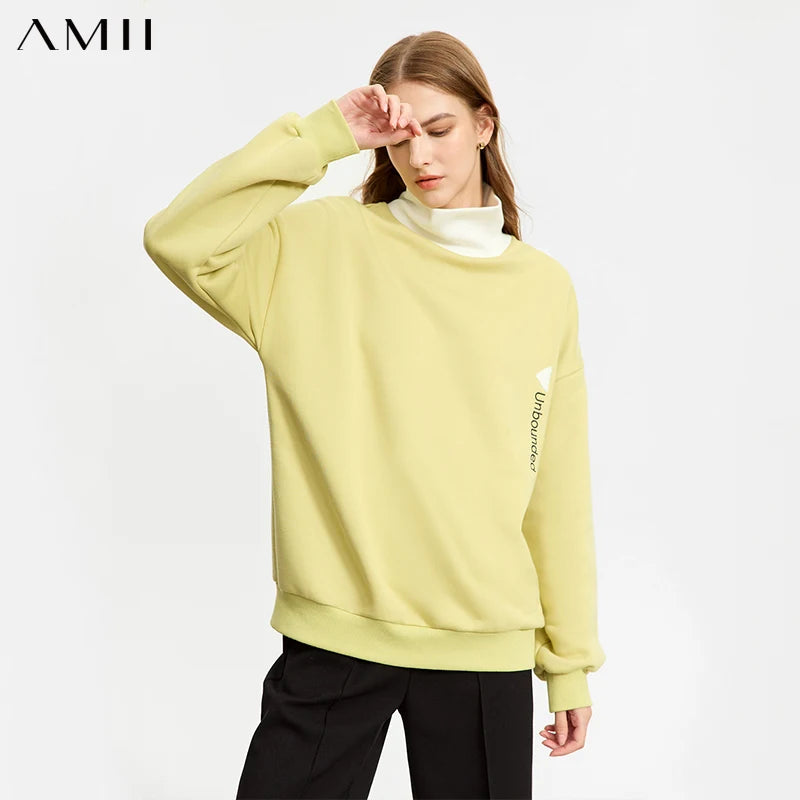 AMII Minimalist 2026 Autumn Embroidery Sweatshirt Women Loose Spliced Pullovers Tops Turtleneck Velvet Sweatshirt 12443255
