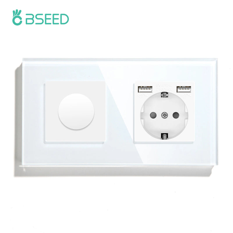 BSEED Mechanical Dimmer Light Switch Plus EU Socket USB Type-C Port Power Outlet Led Dimmable Switch Glass Frame 10A