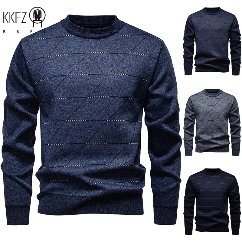 Diagonal Grid Pattern Male Knitted Top Fleece Lined Crew Neck Business Casual Long Sleeve Cold Season Knit Jumper