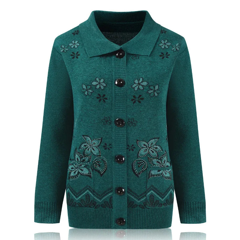 Print Mother Sweater Cardigan Top 60-80 Years Old Middle-Aged Elderly Women's Woolen Jacket Spring Autumn Knitted Shirt