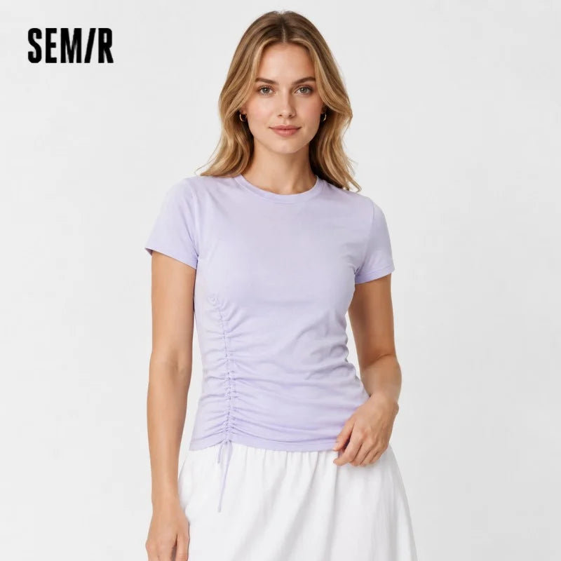 Semir Womens Tshirt 2026 Short Style Drawstring Ruched Solid Slim Crew Neck Gentle Style Casual