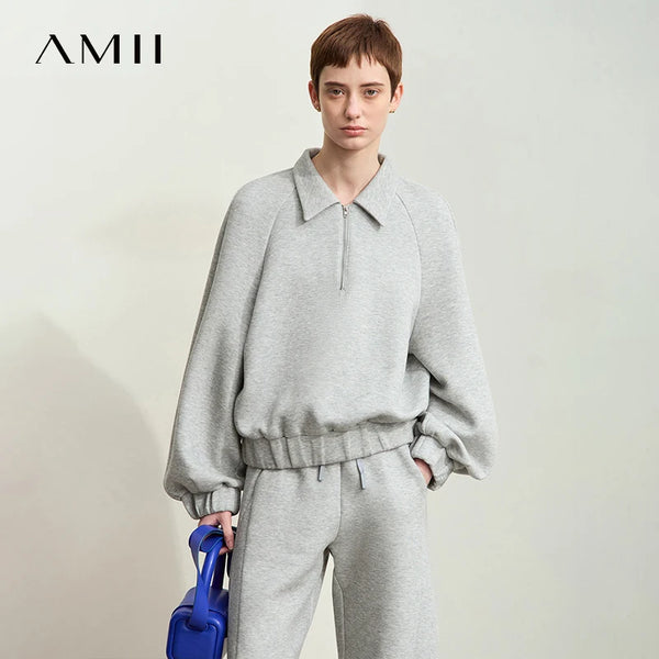 អាវយឺត Amii Minimalism Hoodies ស្ត្រី 2026 រដូវស្លឹកឈើជ្រុះថ្មី Lapel Zipper Casual Loose Pullovers Sweatshirts សម្រាប់ស្ត្រី Cotton Solid Top12443154