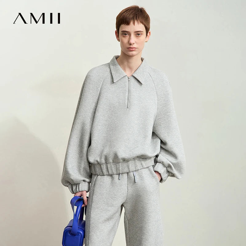Amii Minimalism Hoodies Woman 2026 Autumn New Lapel Zipper Casual Loose Pullovers Sweatshirts for Woman Cotton Solid Top12443154