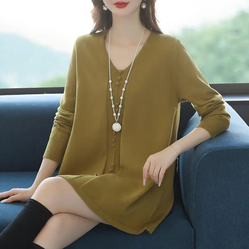 Loose Vintage Pullover Sweater Spring Autumn Knit Women's Clothing V Neck Long Sleeve Tops Middle Aged Mother Knitwear Jumper