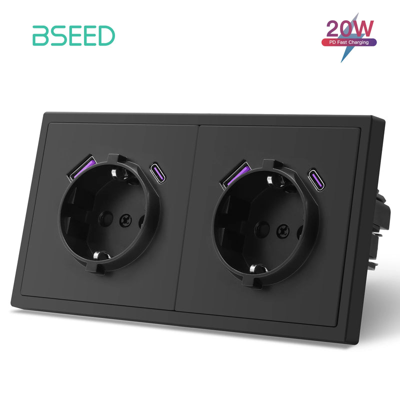 BSEED EU Standard Single Wall Socket 20W Fast Charge USB Type-C Charge Port Double Wall Power Outlets Plastic Frame 16A
