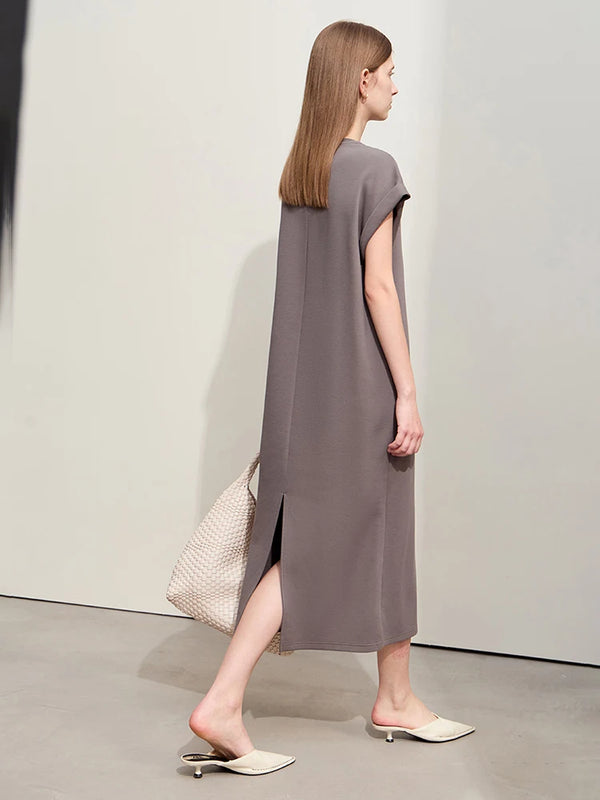 រ៉ូប Amii Minimalism 2026 សម្រាប់ស្ត្រីរដូវក្តៅថ្មីធម្មតា O-Neck ដៃអាវខ្លី Midi ត្រង់រ៉ូបប៉ាក់អង្កាំសម្រាប់ស្ត្រី 12442004