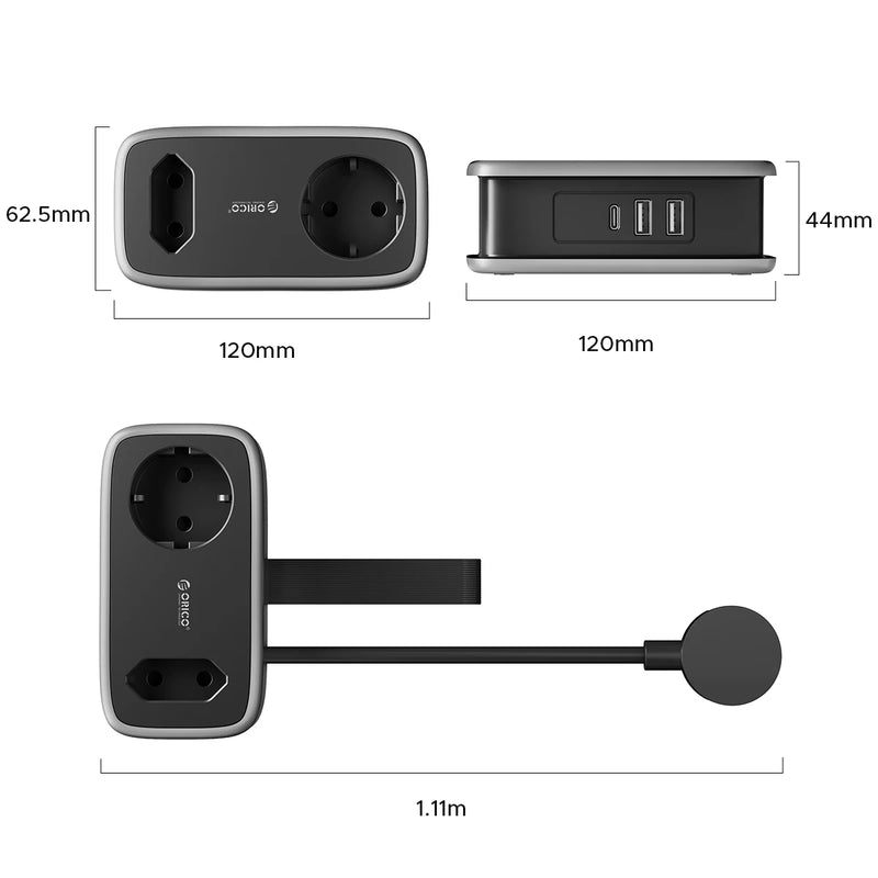 ORICO Power Strip  2AC 3USB Port EU Plug Socket 1.1M Extension Cable Sockets 5-In-1 Smart Socket for Home/Travel Power Strip