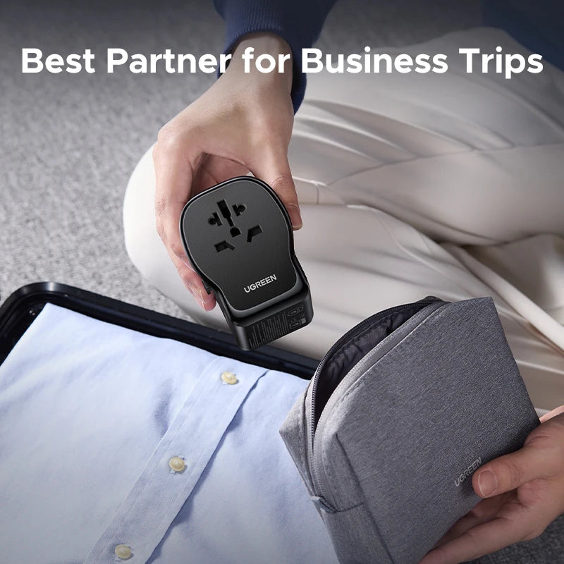 UGREEN 65W Universal Travel Adapter 2 USB-C 1 USB-A AC Socket GaN Charger Certified CE FCC UKCA TÜV For EU US UK Grounded Plug