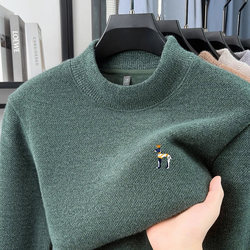 Man Long-Sleeve Knit Top Crew Neck Fleece-Lined Thickened Exquisite Embroidery Autumn Winter Leisure Keep Warm Men's Clothing