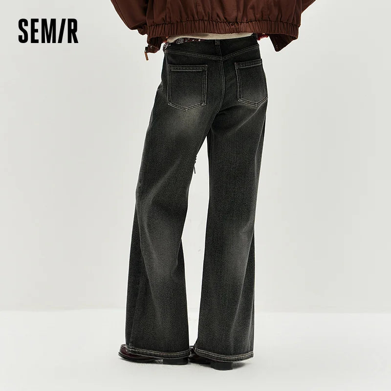 Semir Women Jeans Belted Fleece Lined Flared Loose Fit Distressed Wash 2026 Vintage HighWaist Streetwear Denim Pants