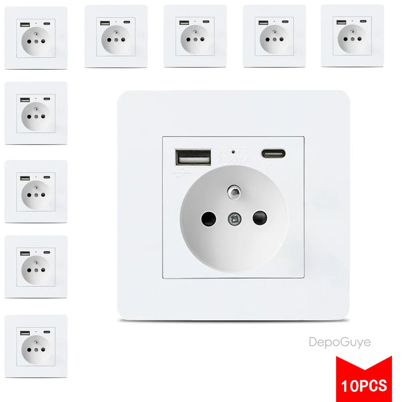 EU FR Power Socket ,Socket With Usb Charging Port and Type c White Stainless Steel Panel Russia Spain Wall Socket 5/10 PCS