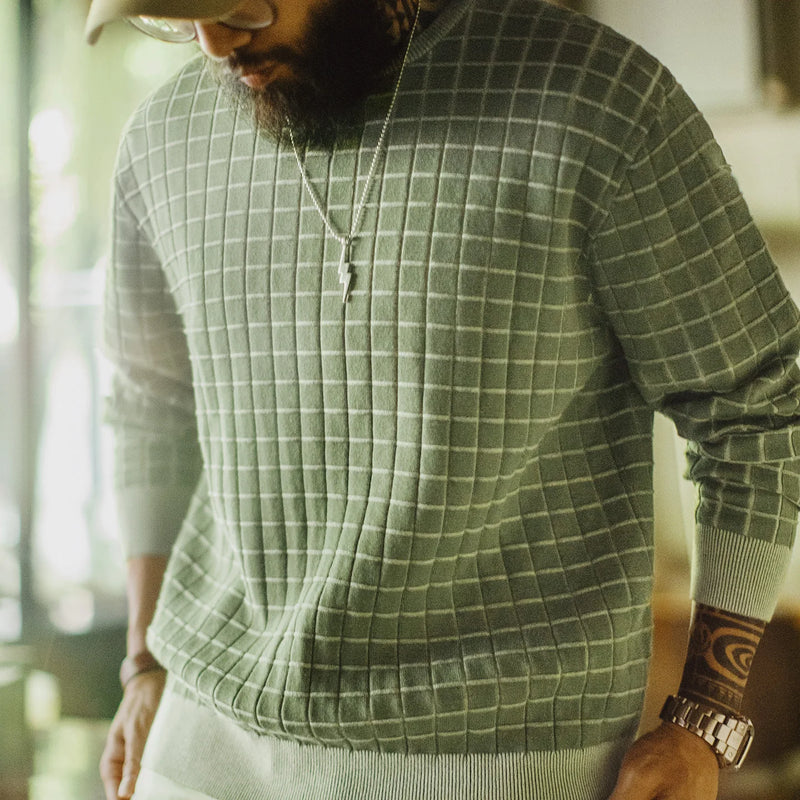 Maden Men's Retro Plaid Crewneck Sweatshirt Green Pullover Casual Spring Outerwear Long Sleeve Winter Layering T-shirt Top