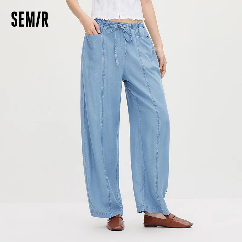 Semir Women Pants Denim Lyocell Slit Loose Elastic Waist Trendy Fashion Curved Leg 2026 Summer Casual Style Top