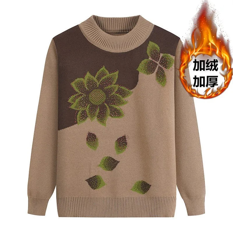 Winter Clothes Grandma Pullover Knitted Sweater Thick Middle-Aged Elderly Mother Bottoming Shirt Velvet Long Sleeve Top Women