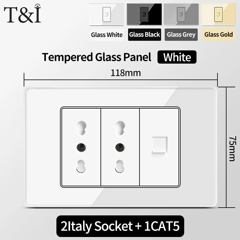 T&I Wall Switch Sockets With USB TypeC  Fast Charging, Italy Socket , Chile Schuko Outlet, Tempered Glass Panel for Home