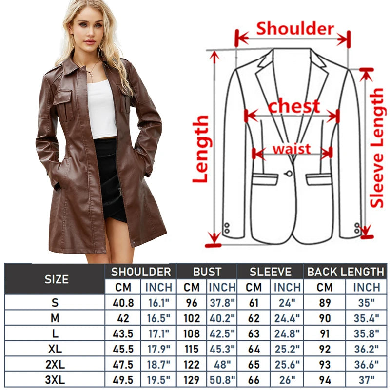 Women's Red Long Waist Lace-up Leather Jacket,2026 New Black Lapel PU Windbreaker Jacket Fashion Female Single-breasted Overcoat