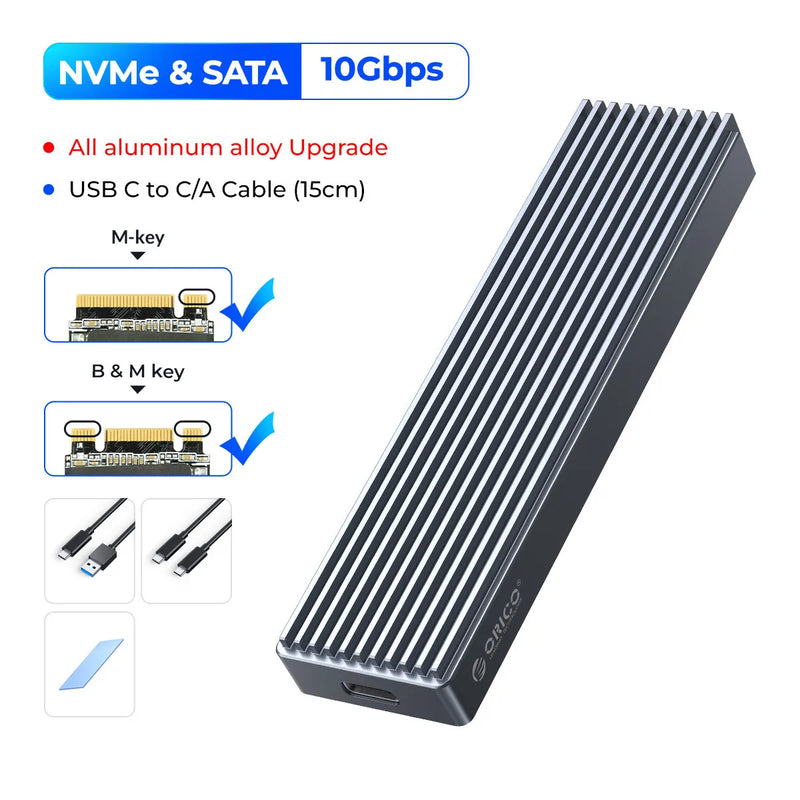 ORICO M.2 SSD NVMe Case USB3.2 Gen2 Type C 10Gbps PCIe SSD Case M.2 NVME SATA Enclosure Disk Box Tool Free SSD Aluminum Case