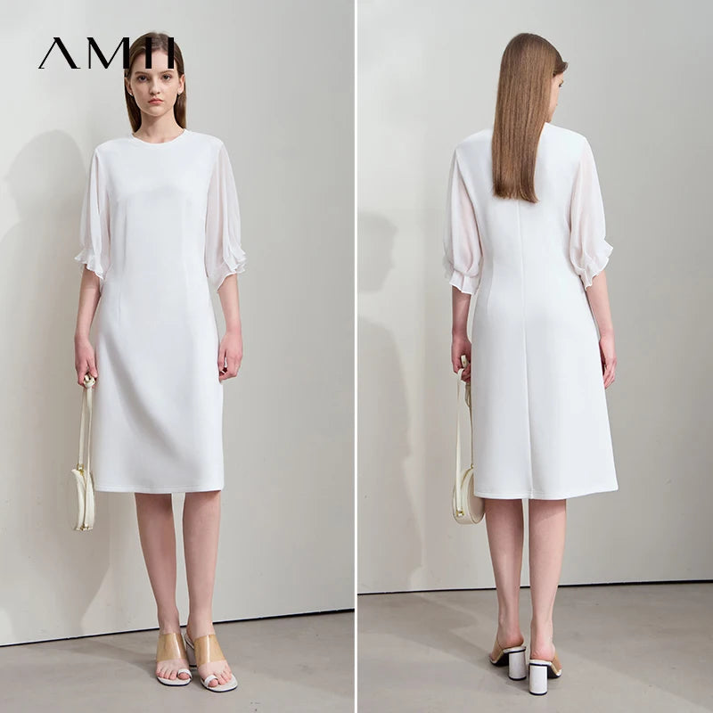 AMII Women 2026 Minimalism New Summer Elegant Dress Thin Chiffon Sleeves Slim Dress Birthday Dresses Luxury Black Dress 12522061