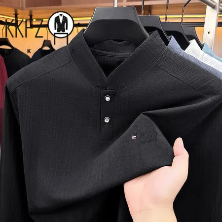 Mens Relaxed Mandarin Collar Shirt Long Sleeve Vertical Texture Embroidery Detail Casual Street Fashion Outer Top