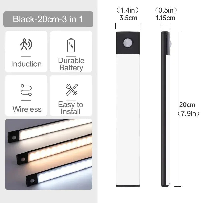 ភ្លើងក្រោមទូ LED ឧបករណ៍ចាប់សញ្ញាចលនា ភ្លើងពេលយប់ ចង្កៀងស្តើងអាចសាកបាន អាចបន្ថយពន្លឺបាន ចង្កៀងទូផ្ទះបាយ បន្ទប់គេង ភ្លើងបំភ្លឺទូខោអាវ