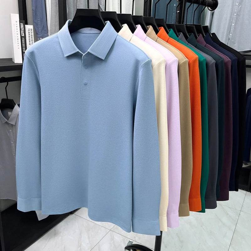Men's Premium Long Sleeve Polo Shirt - Mercerized Pique Cotton, Seamless Collar and Cuff Design (12 Colors Available)