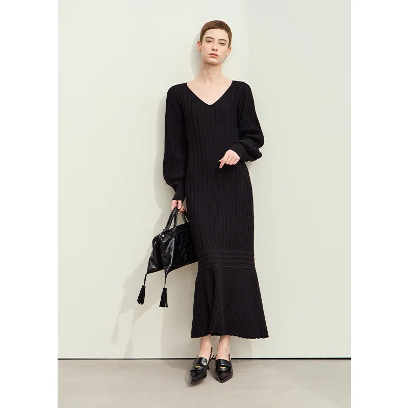 រ៉ូប Amii Minimalism រដូវស្លឹកឈើជ្រុះឆ្នាំ ២០២៦ សម្រាប់ស្ត្រី រ៉ូបថ្មីឆើតឆាយធម្មតា V-neck ដៃអាវរាងចង្កៀង រ៉ូបប៉ាក់ខ្ជិល 12443091