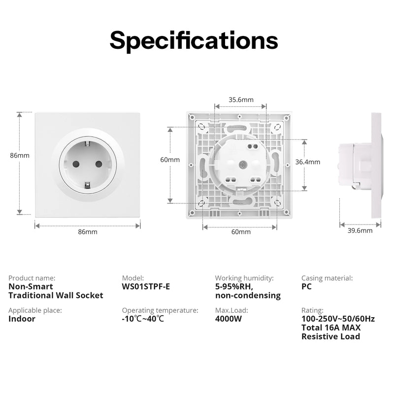 SONOFF WS01STPF-E Type F Fusion Series Non-Smart Wall Socket 16A Max Flame-retardant Casing Up to 20000 cycles Child-Safety Lock