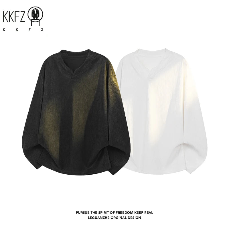 Men Breathable Crinkle Textured Long Sleeve Top Notched V Neck Curved Hem Oversized Fit For Multi Occasion Dressing