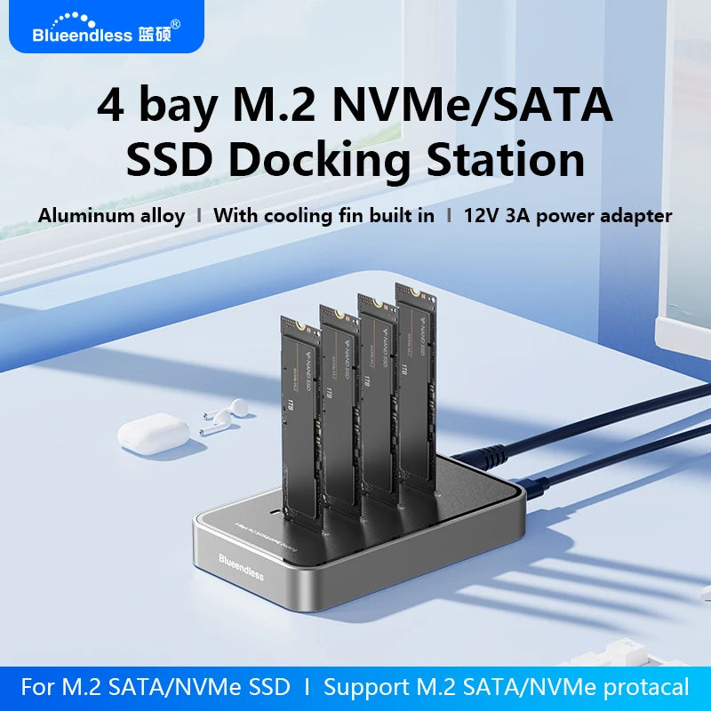 ស្ថានីយ ចត SSD ទំហំ 4 ច្រក Blueendless ប្រភេទ C USB3.1 10Gbps M2 NVMe PCIe SATA NGFF ស្រោម SSD អាលុយមីញ៉ូម